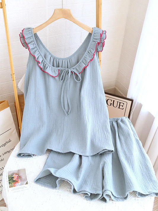 Ruffle Trim Lace Up Cotton Pajama Set