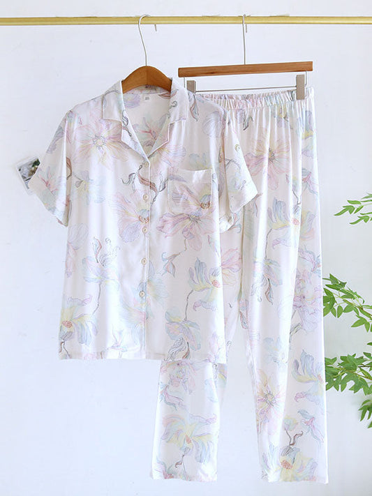 Printed Lapel Short Sleeve Pajama Set