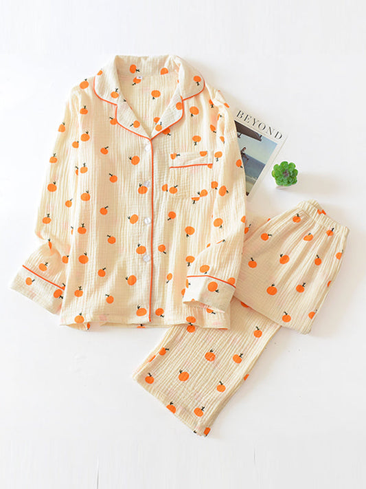 Orange Printed Cotton Pajama Set