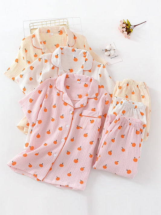 Orange Printed Short Sleeve Pajama Set