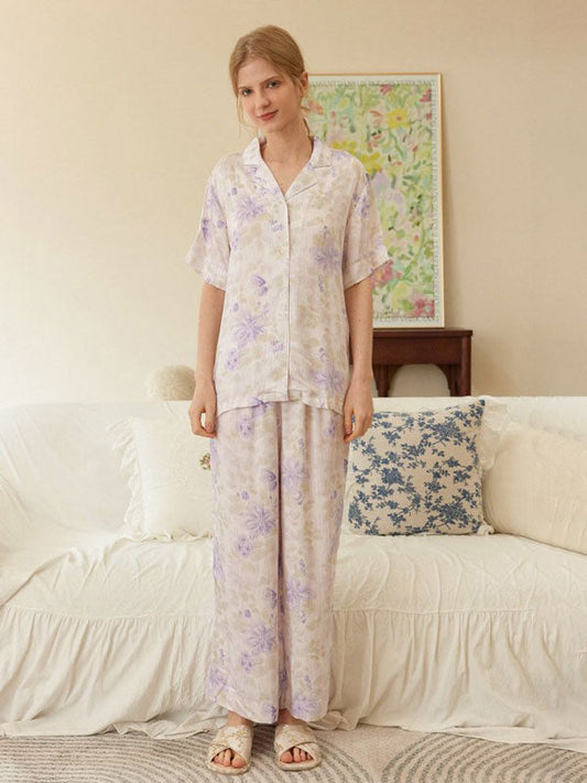 Kafiloe Purple Floral Short Sleeve Pajama Set