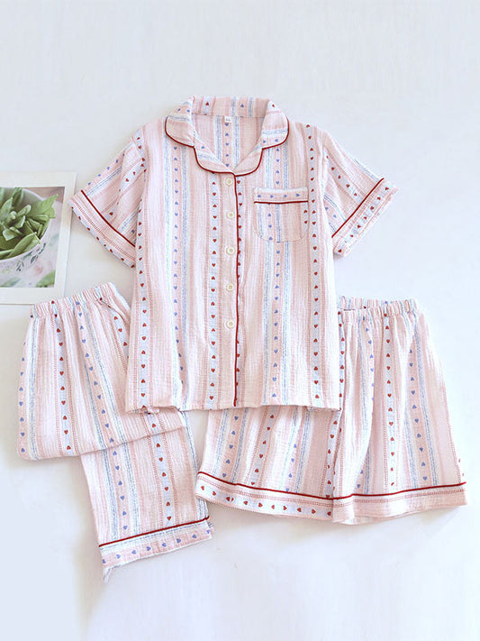 Sweet Heart Print 3 Pieces Cotton Pajama Set