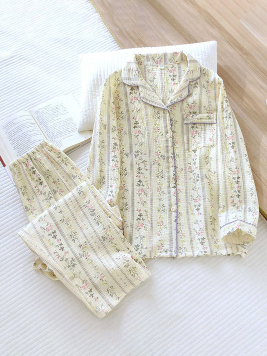 Flowers Striped Cotton Pajama Set