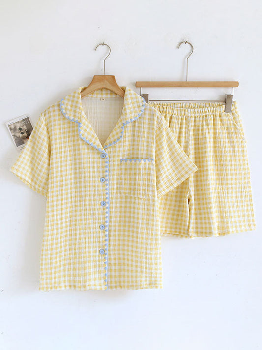Plaid Shell Embroidery Pajama Set