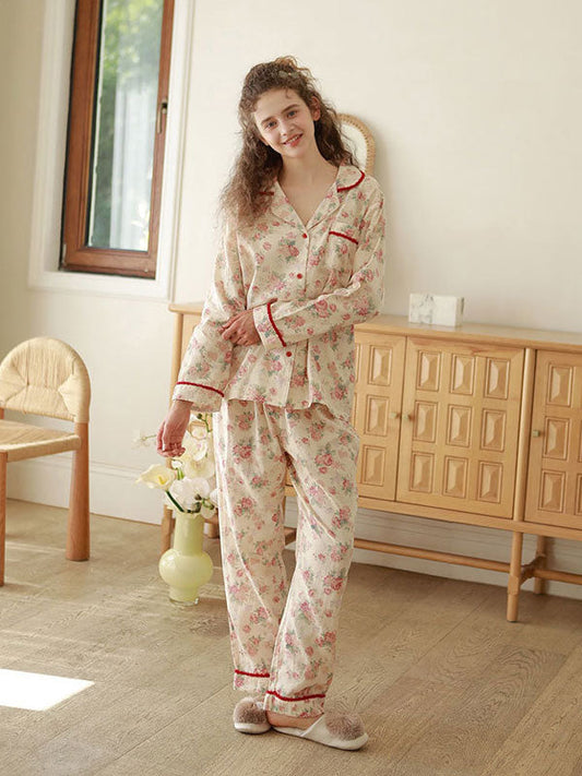 Rose Print Long Sleeve Cotton Pajama Set