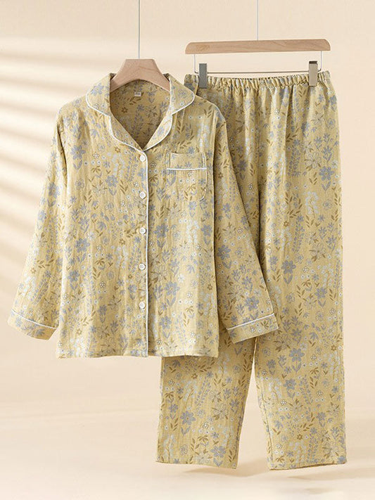 Vintage Floral Print Long Sleeve Cotton Pajama Set