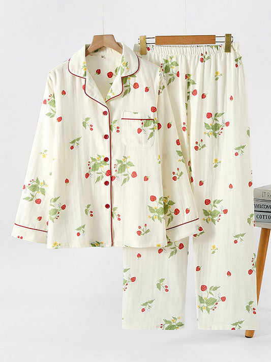 Strawberry & Floral Printed Pajama Set