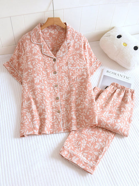 White Leaves Short Sleeve Pajama Set