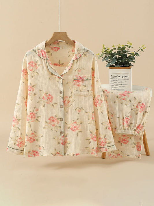 Pink Flowers Long Sleeve Cotton Pajama Set