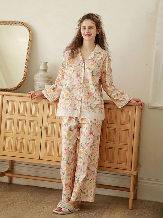 Floral Lace Trim Cotton Pajama Set