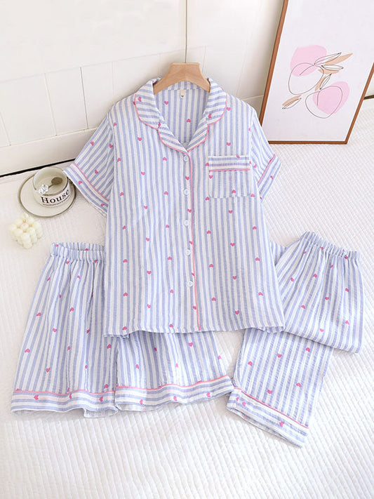 Small Heart Print Three Pieces Cotton Pajama Set