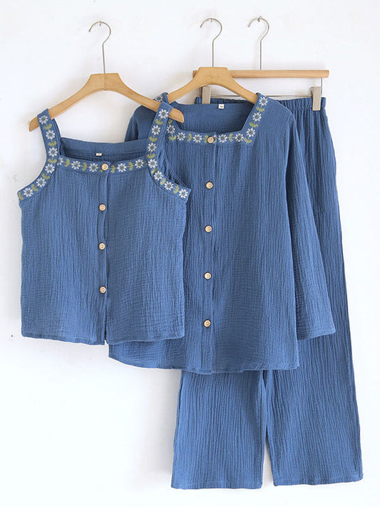 Embroidered Solid Three-Piece Pajama Set