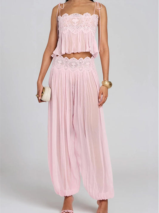 Pink Lace Ruch Pants Set