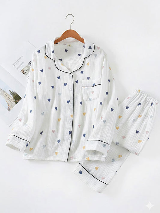 Colorful Heart Print Cotton Pajama Set